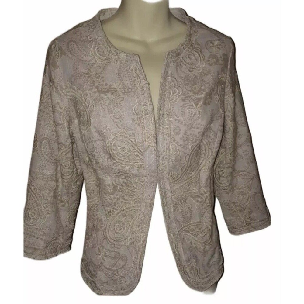 Coldwater Creek tan Paisley embroidered collarless open front jacket blazer 12